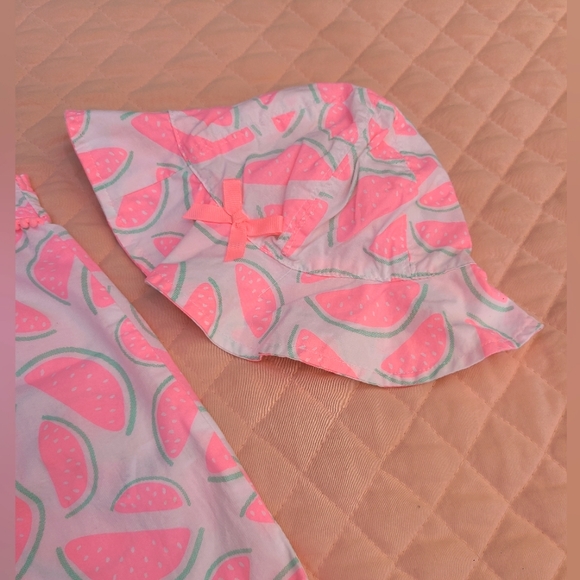 Watermelon-print A-line dress for baby girl with matching bucket hat, size 9M - Picture 4 of 8